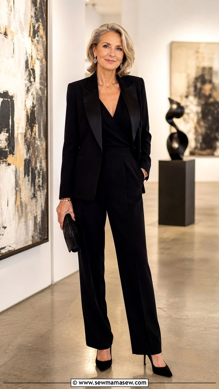 Black Crepe Jumpsuit with Tailored Blazer and Pointed Toe Heels - 30 Capsule wardrobe women over 50