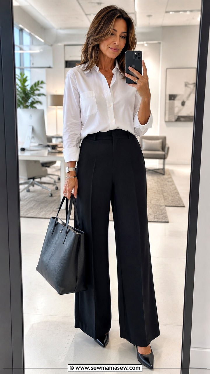 Black Crepe Palazzo Pants and a White Button Down Shirt - 25 palazzo pants outfits for women over 40