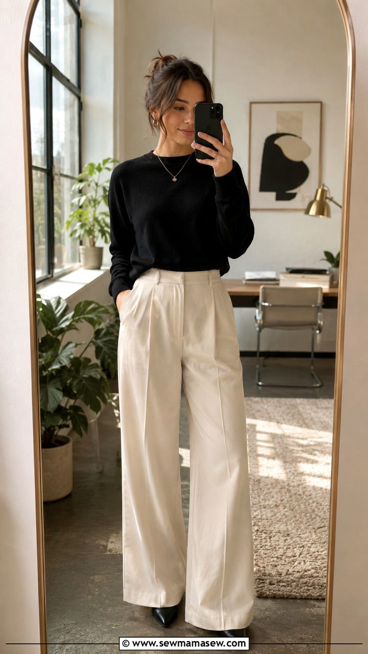 Black Crew Neck Sweater With Cream Wide Leg Trousers - 25 Virtual interview outfit ideas