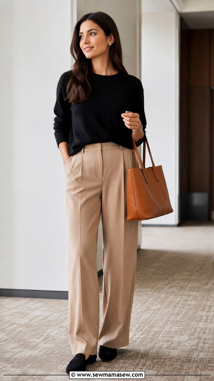 Black Crewneck Sweater With Beige Wide Leg Trousers - 30 Legal conference outfit ideas