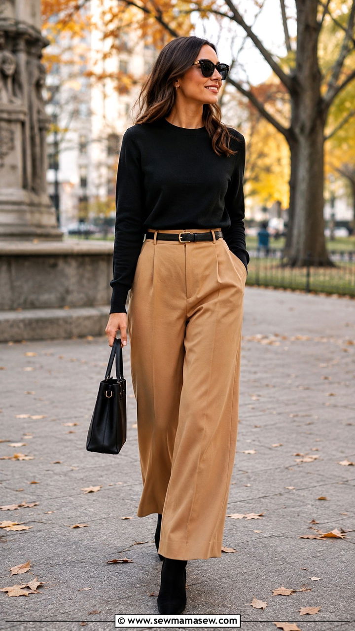 Black Crewneck Sweater With Camel Wide Leg Trousers - 25 Wide leg trousers outfit ideas with a sweater