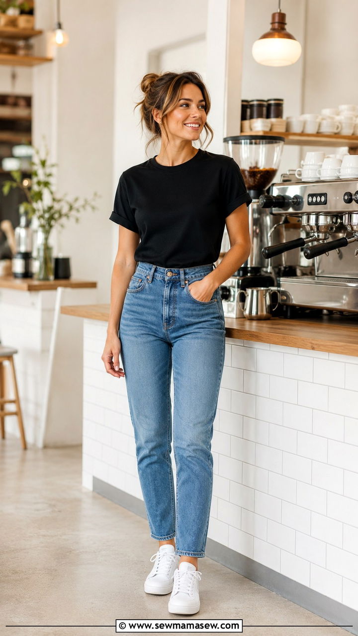 Black Crewneck Tee with High Waisted Blue Jeans and White Sneakers - 30 Spring outfit ideas for barista