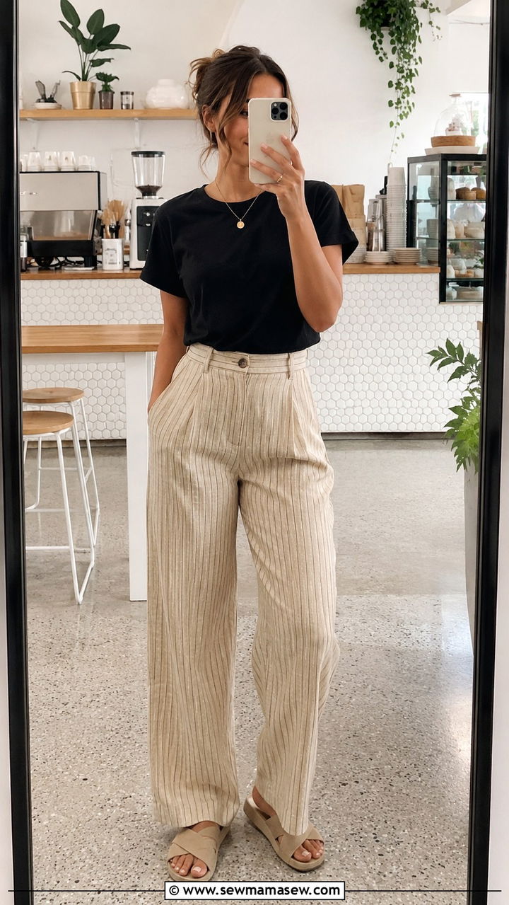 Black Crewneck with Striped Linen Trousers and Slide Sandals - 30 Spring outfit ideas for barista