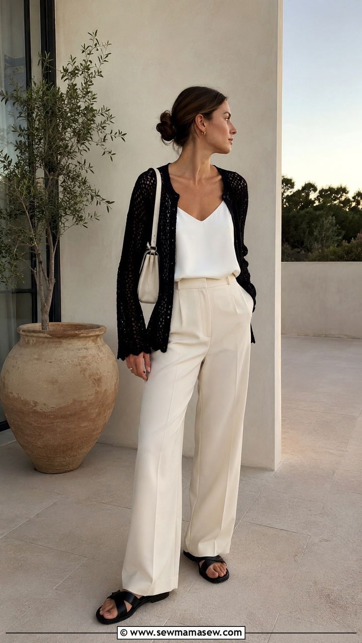 Black Crochet Cardigan With Cream Trousers - 30 Scandi minimalist outfit ideas