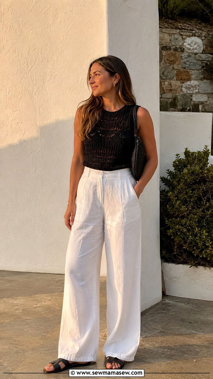 Black Crochet Top and White Linen Wide Leg Pants - 30 Minimalist outfit ideas summer 2026