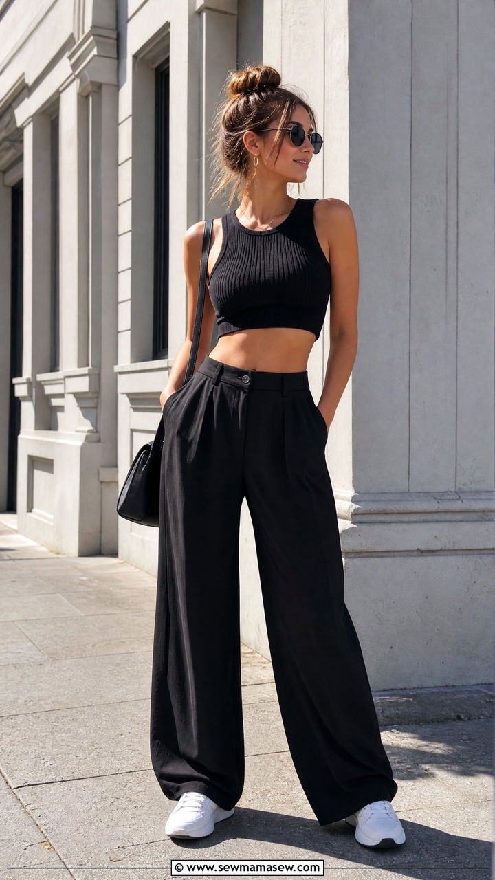 Black Crop Top With Wide Leg Pants - 30 Summer outfits in black
