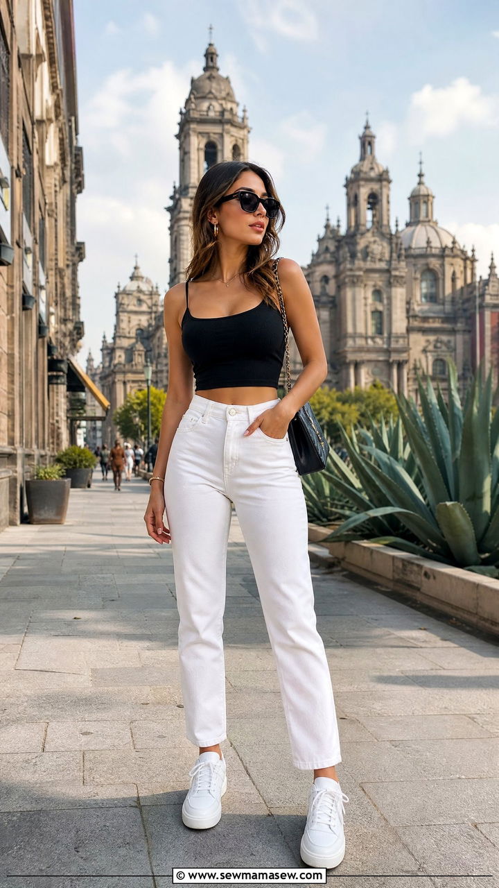 Black Crop Top and High Waisted White Jeans - 35 Mexico summer outfit ideas