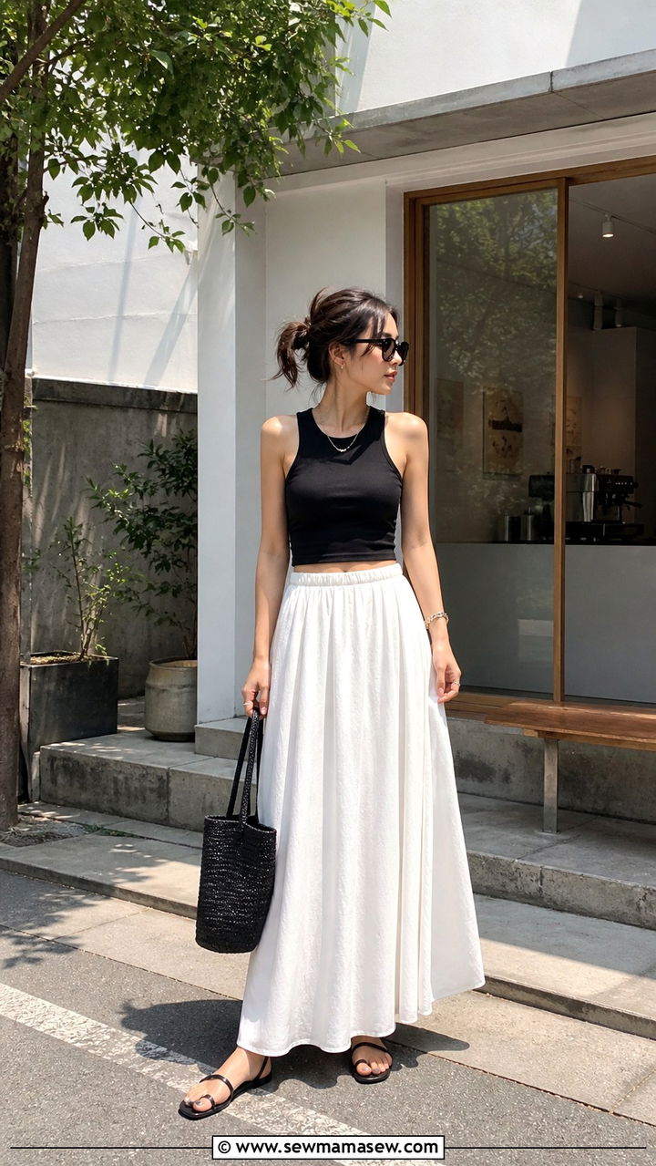 Black Crop Top and White Flowy Maxi Skirt Outfit - 40 Summer Japan outfit ideas