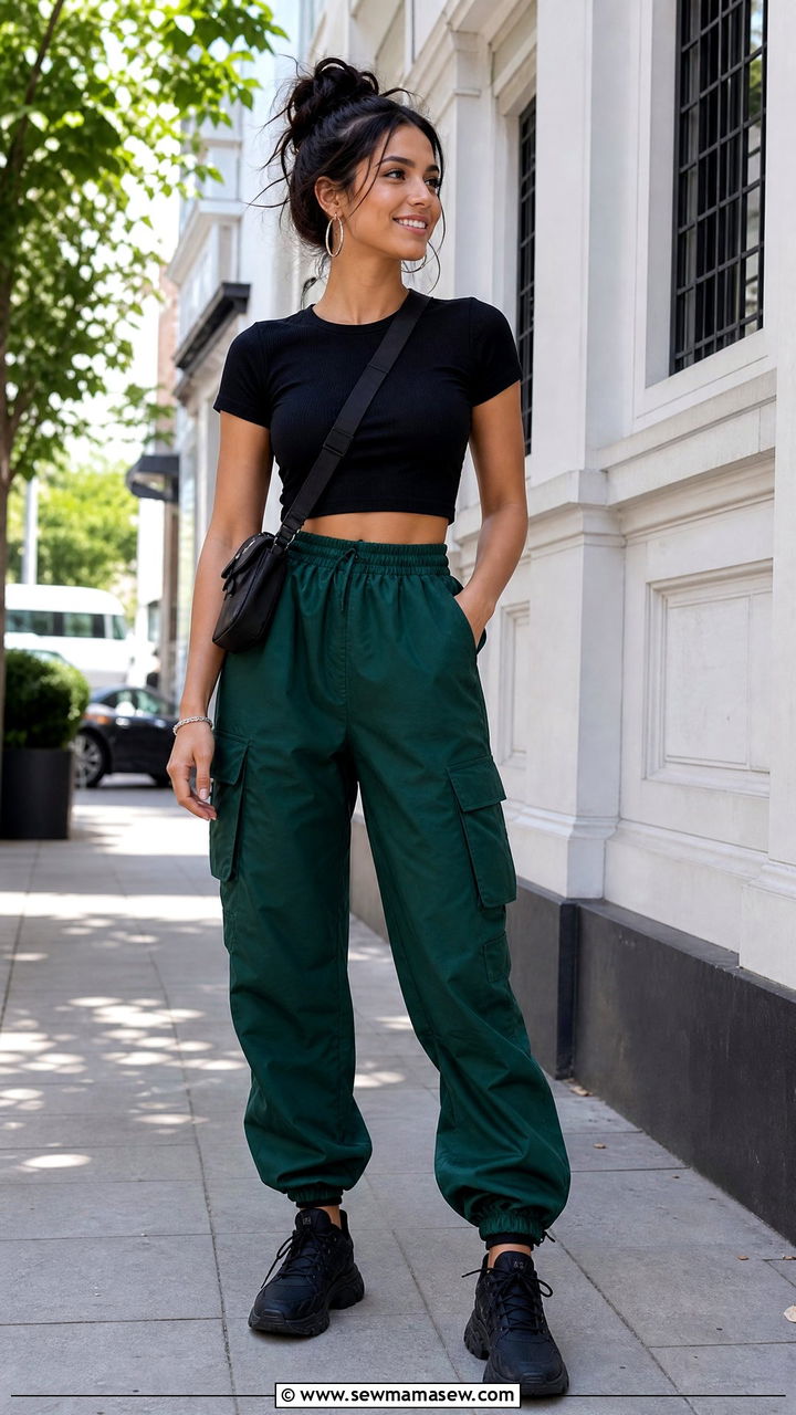 Black Crop Top with Emerald Cargo Pants - 30 Emerald and black outfit ideas