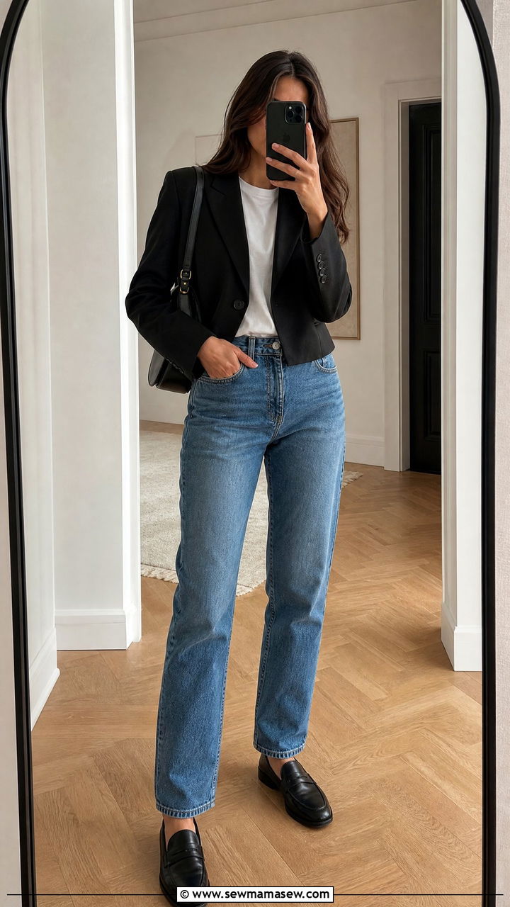 Black Cropped Blazer and Blue Jeans Outfit - 30 Cropped blazer outfit ideas with jeans