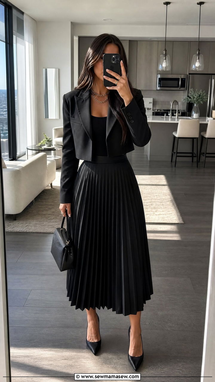 Black Cropped Blazer with Skirt Outfit - 30 Cropped blazer outfit ideas with a skirt
