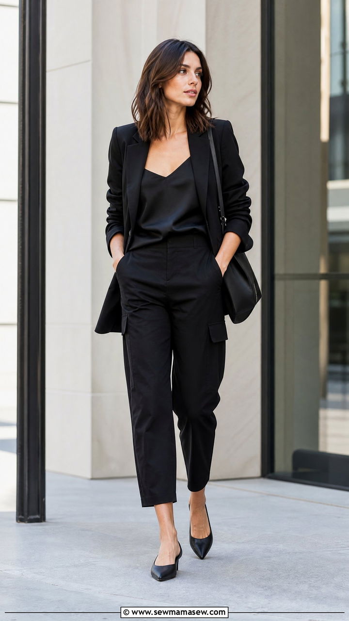 Black Cropped Cargo Pants With A Black Blazer And Pointed Flats - 25 Cargo pants outfit ideas for work