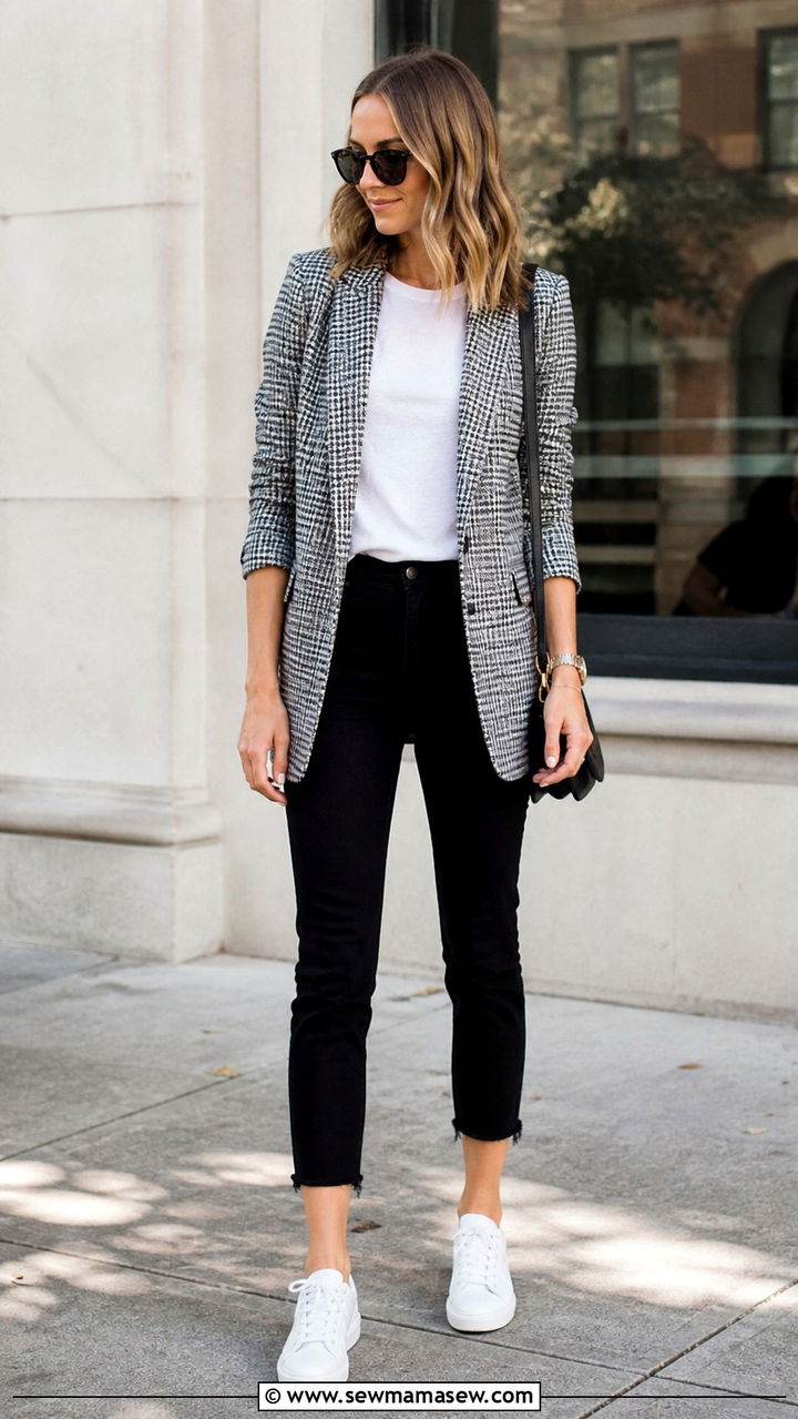 Black Cropped Jeans Checkered Blazer Sneakers - 40 black jeans outfit ideas