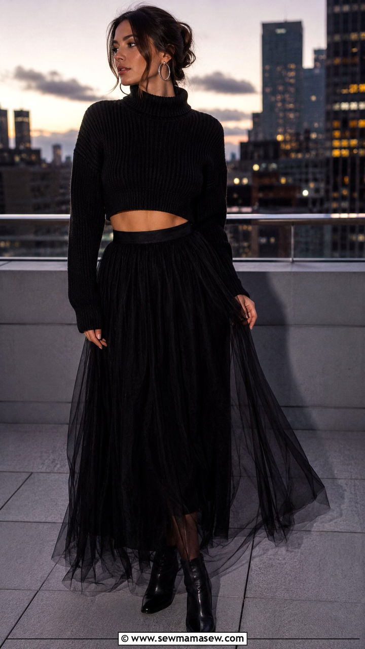 Black Cropped Knit Sweater With Black Tulle Maxi Skirt - 20 Tulle skirt outfit ideas with a sweater