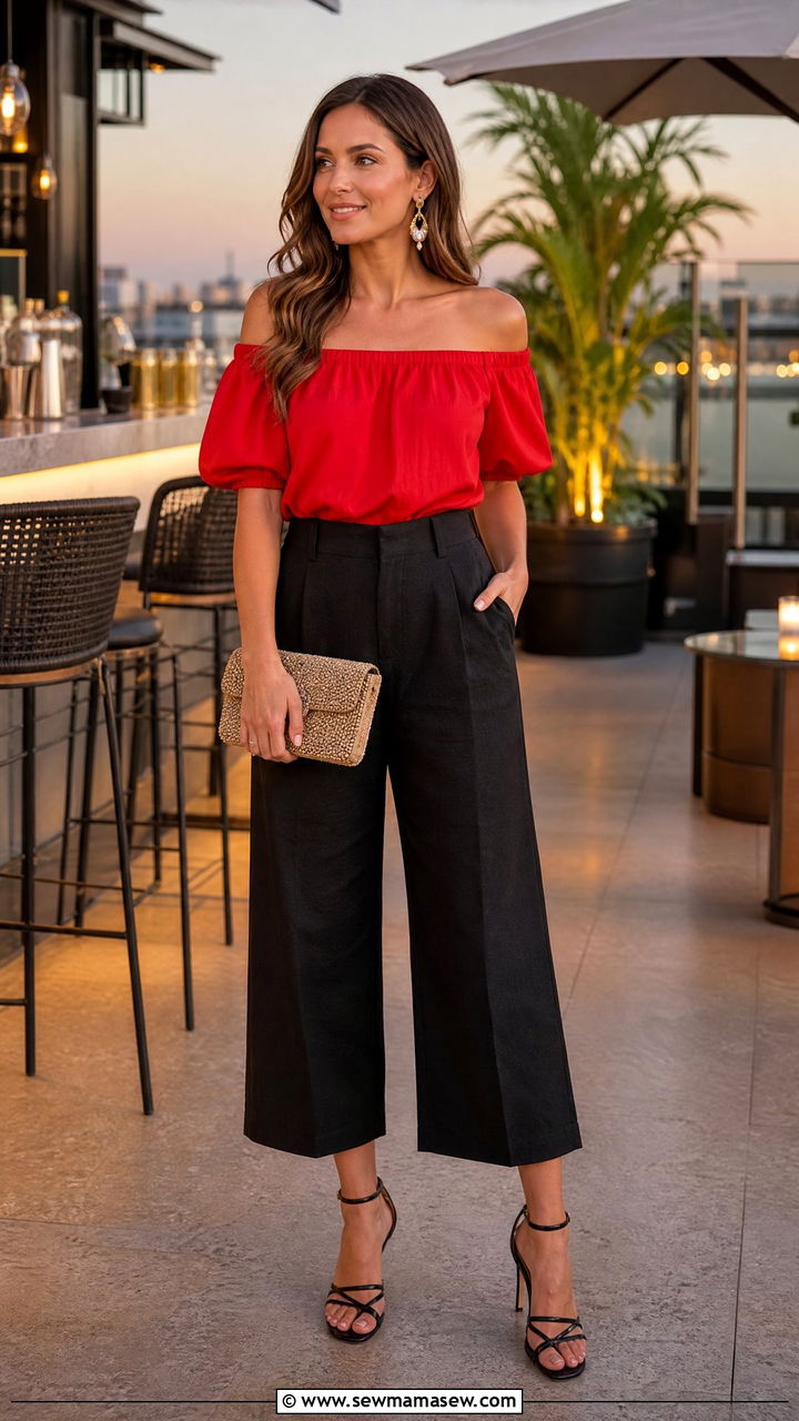 Black Cropped Linen Pants With Off Shoulder Top And Strappy Heels - 35 linen pants outfits
