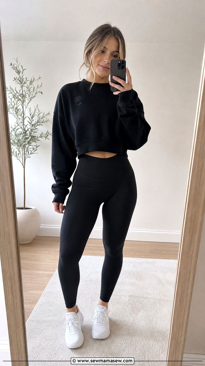 Black Cropped Sweatshirt With High Rise Sculpted Leggings - 30 spring athleisure outfits