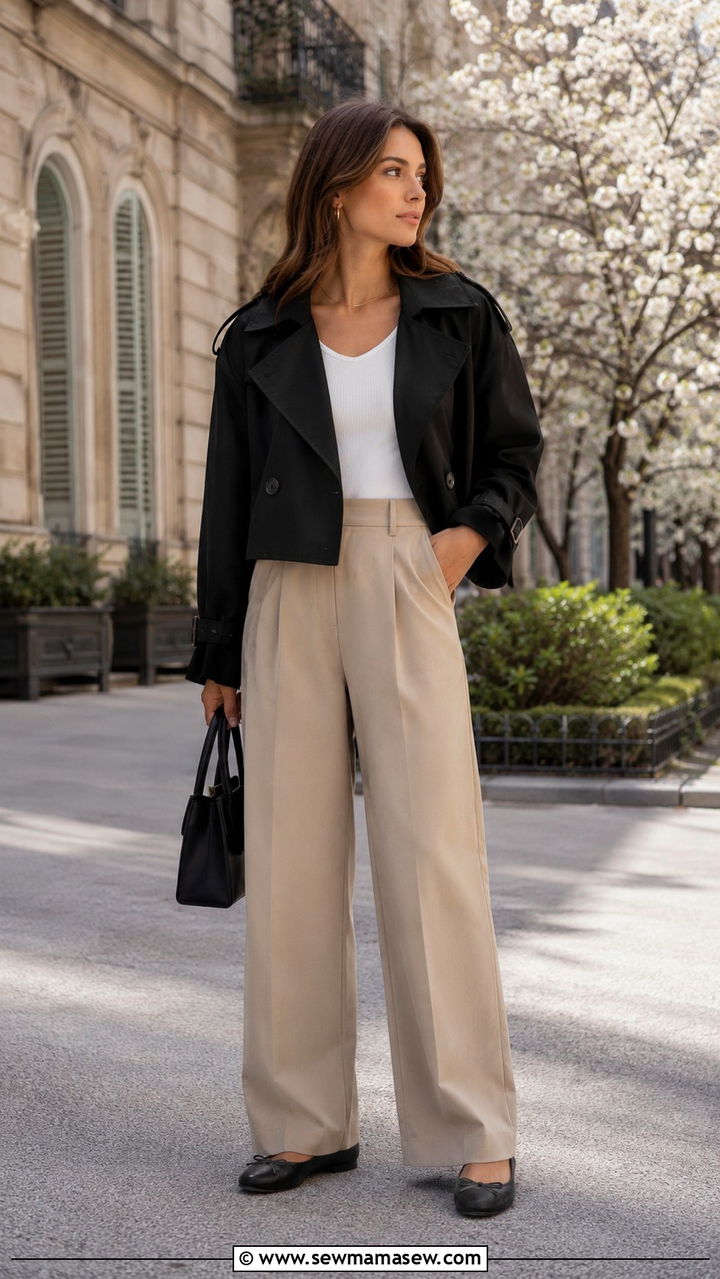 Black Cropped Trench Coat with Wide Leg Pants - 25 Black trench coat outfit ideas with wide leg pants