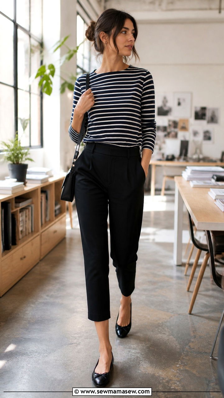 Black Cropped Trousers with Striped Breton Top - 40 Boss lady outfit ideas