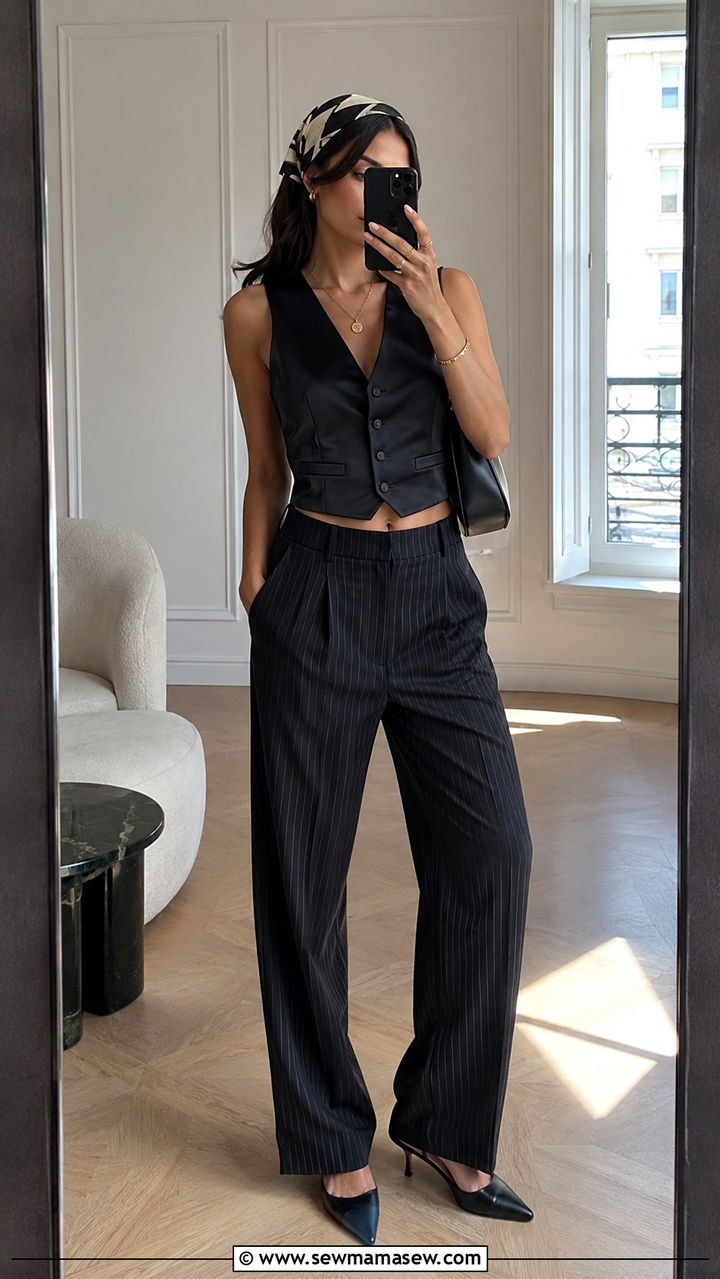 Black Cropped Waistcoat and Pinstripe Trousers - 20 Zoe Kravitz summer outfit ideas