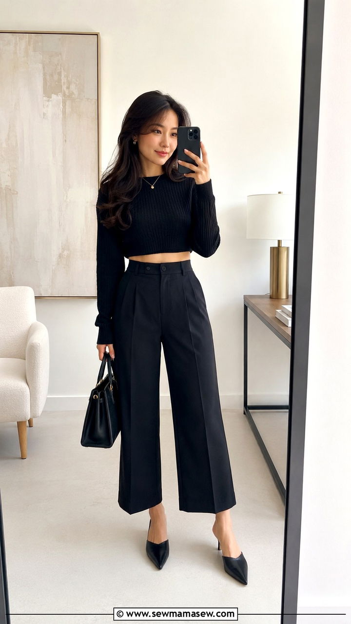 Black Cropped Wide Leg Pants With a Cropped Sweater - 25 Petite work outfit ideas with pants