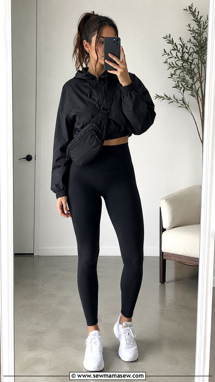 Black Cropped Windbreaker With High Waisted Leggings - 30 cute windbreaker outfits