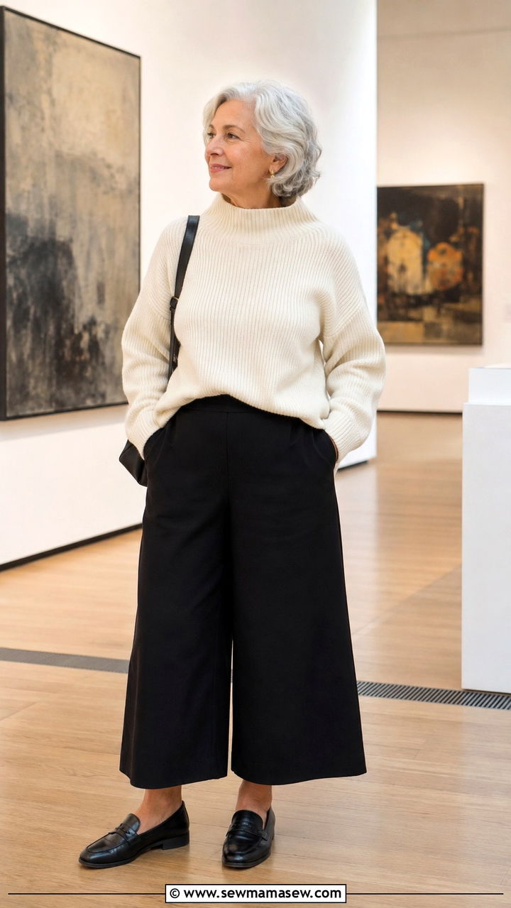 Black Culottes with Chunky Knit Sweater and Loafers - 25 Plus size outfits for women over 60