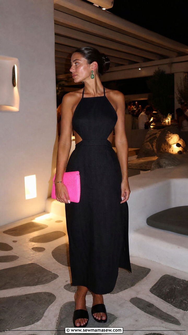 Black Cut Out Midi Dress With Flat Slide Sandals - 30 Mykonos vacation outfit ideas