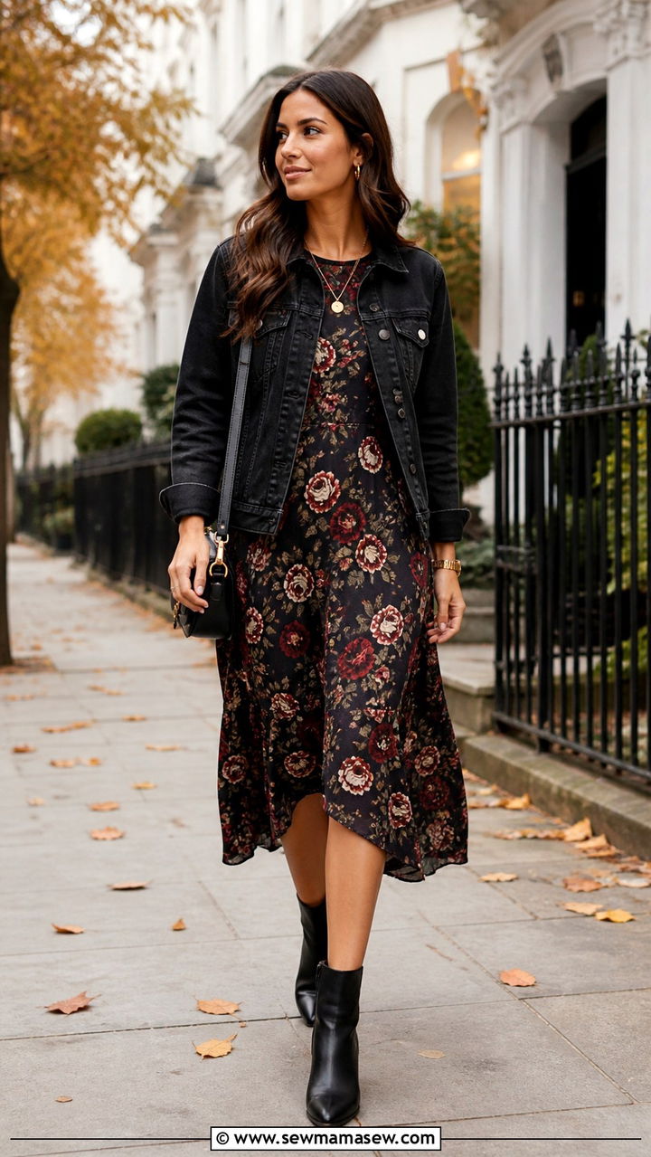 Black Denim Jacket Over A Floral Dress - 40 denim jacket outfit ideas