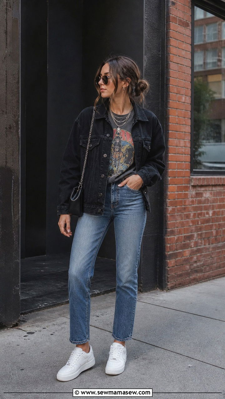 Black Denim Jacket With A Graphic Tee And Straight Leg Jeans - 40 denim jacket outfit ideas