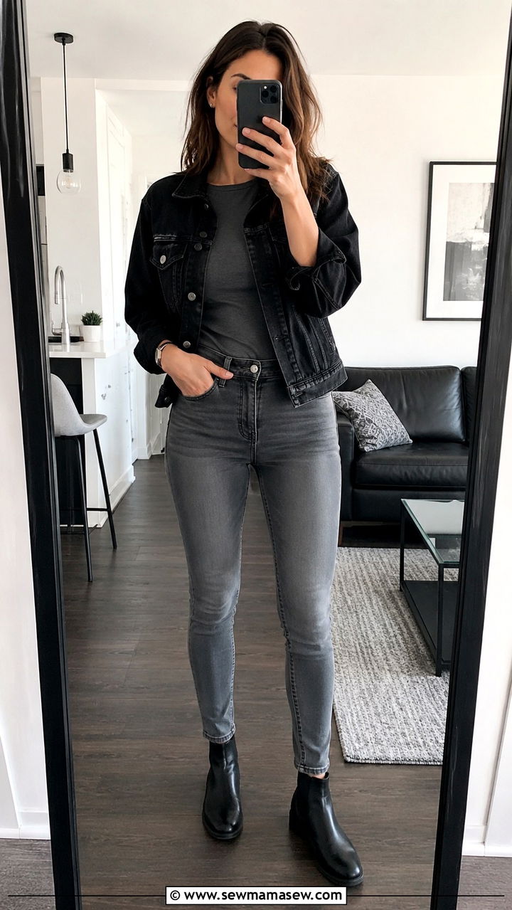 Black Denim Jacket With Grey Jeans And Chelsea Boots - 30 Denim jacket and jeans outfit ideas