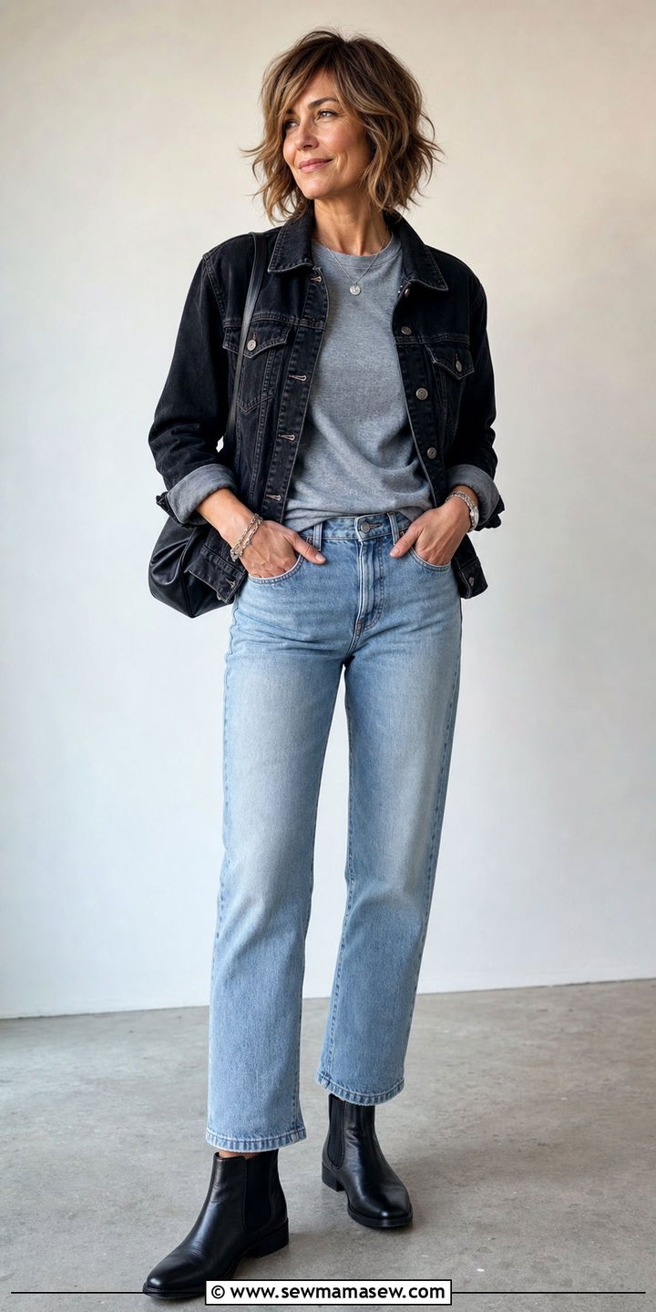 Black Denim Jacket with Light Wash Jeans - 25 Double denim outfit ideas over 40