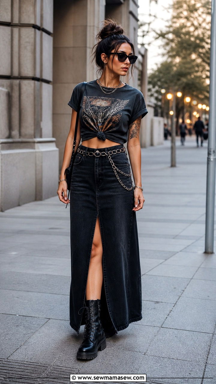Black Denim Maxi Skirt With Slit And Band Tee Knotted - 40 grunge outfits
