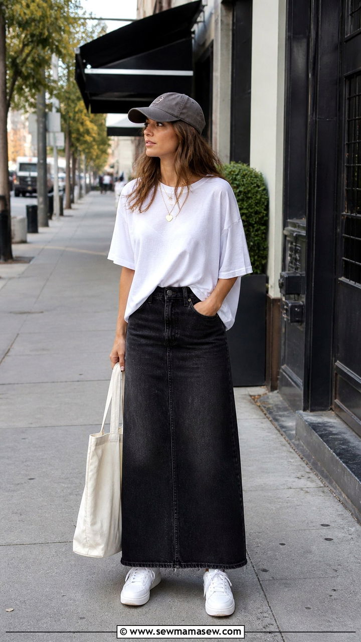 Black Denim Maxi Skirt With Slouchy Tee - 40 casual denim skirt outfits