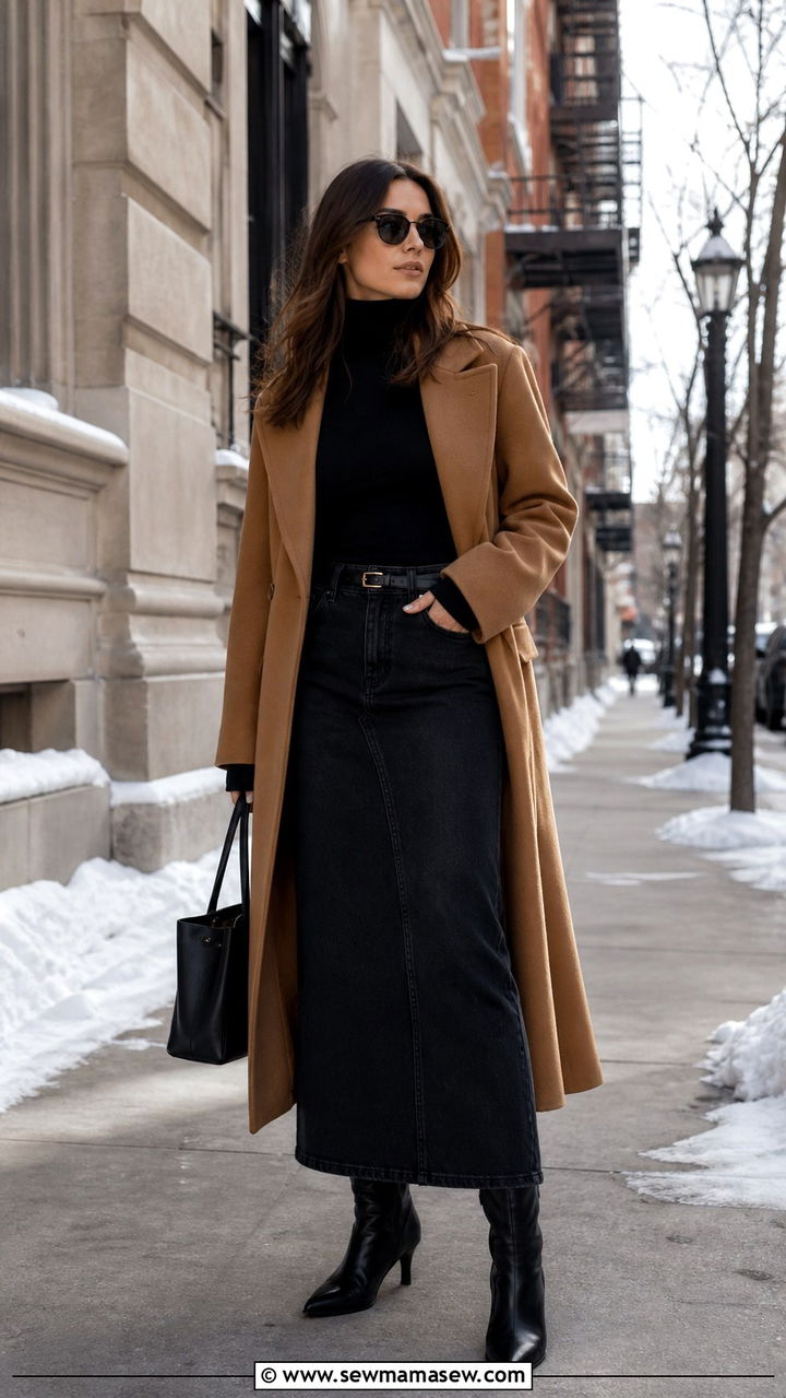 Black Denim Maxi Skirt With Turtleneck - 40 casual denim skirt outfits