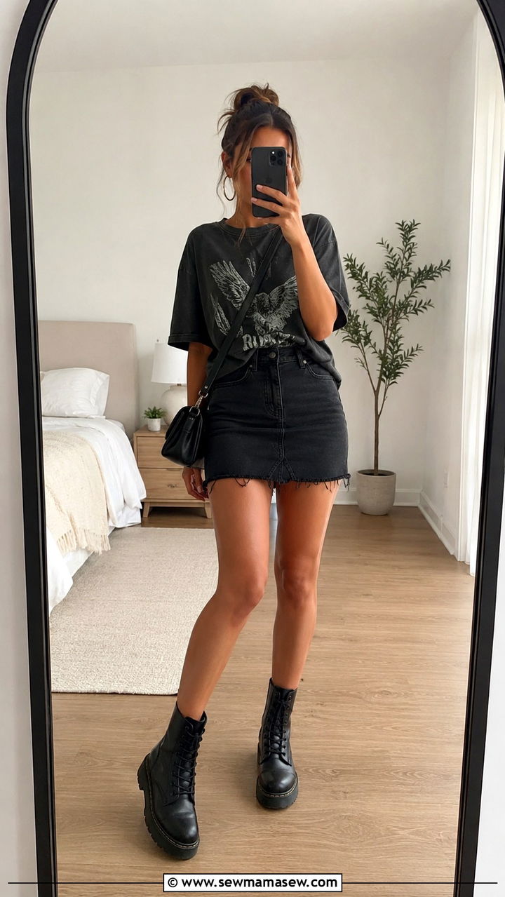 Black Denim Mini Skirt with Graphic Tee and Combat Boots - 30 Denim skirt outfit ideas with a tee