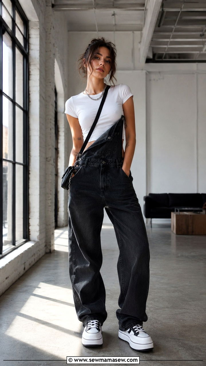 Black Denim Overalls with Fitted Tee Outfit - 25 Rock concert outfit ideas