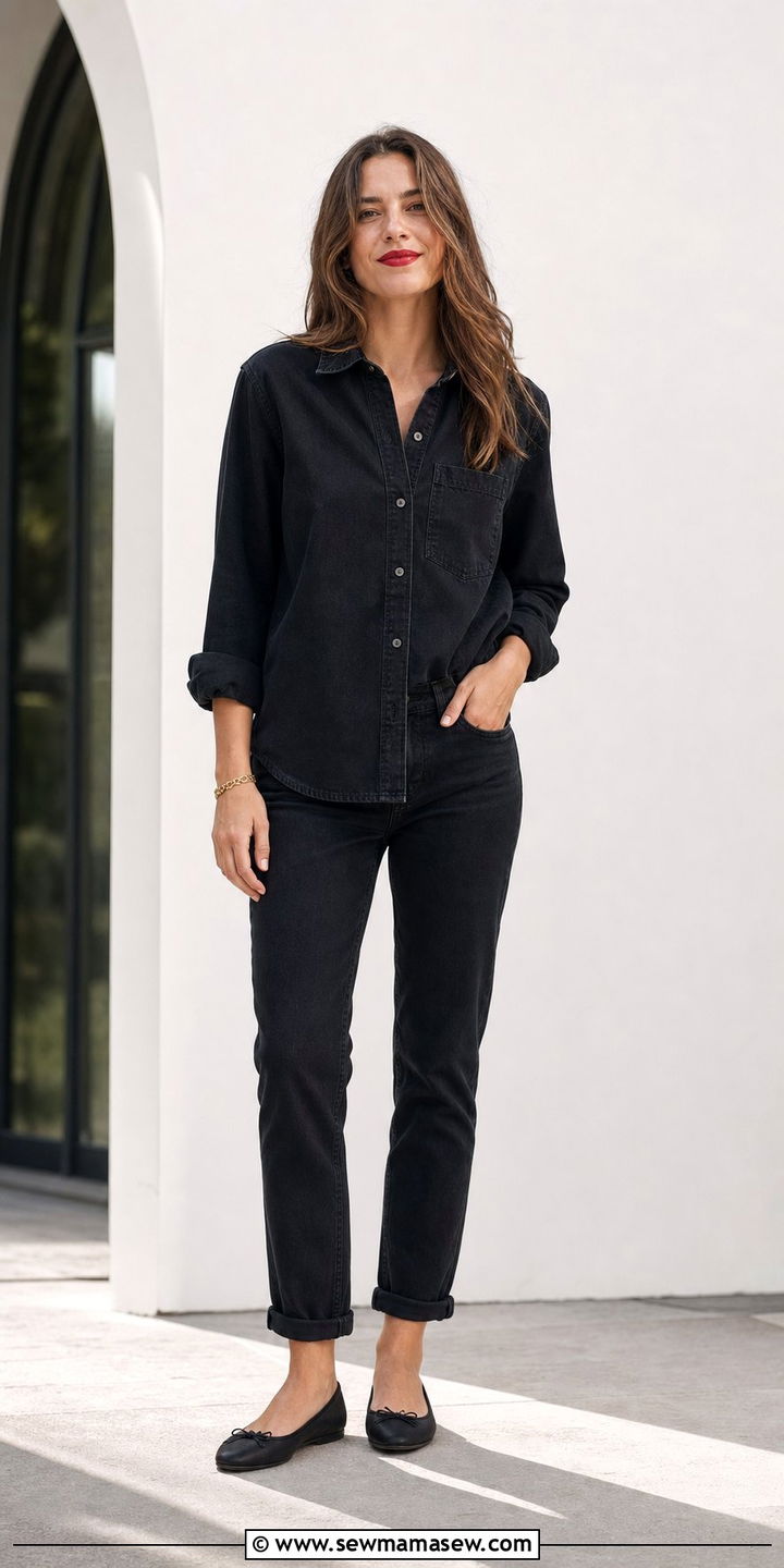 Black Denim Shirt With Black Cuffed Jeans And Ballet Flats - 25 summer denim on denim outfit ideas