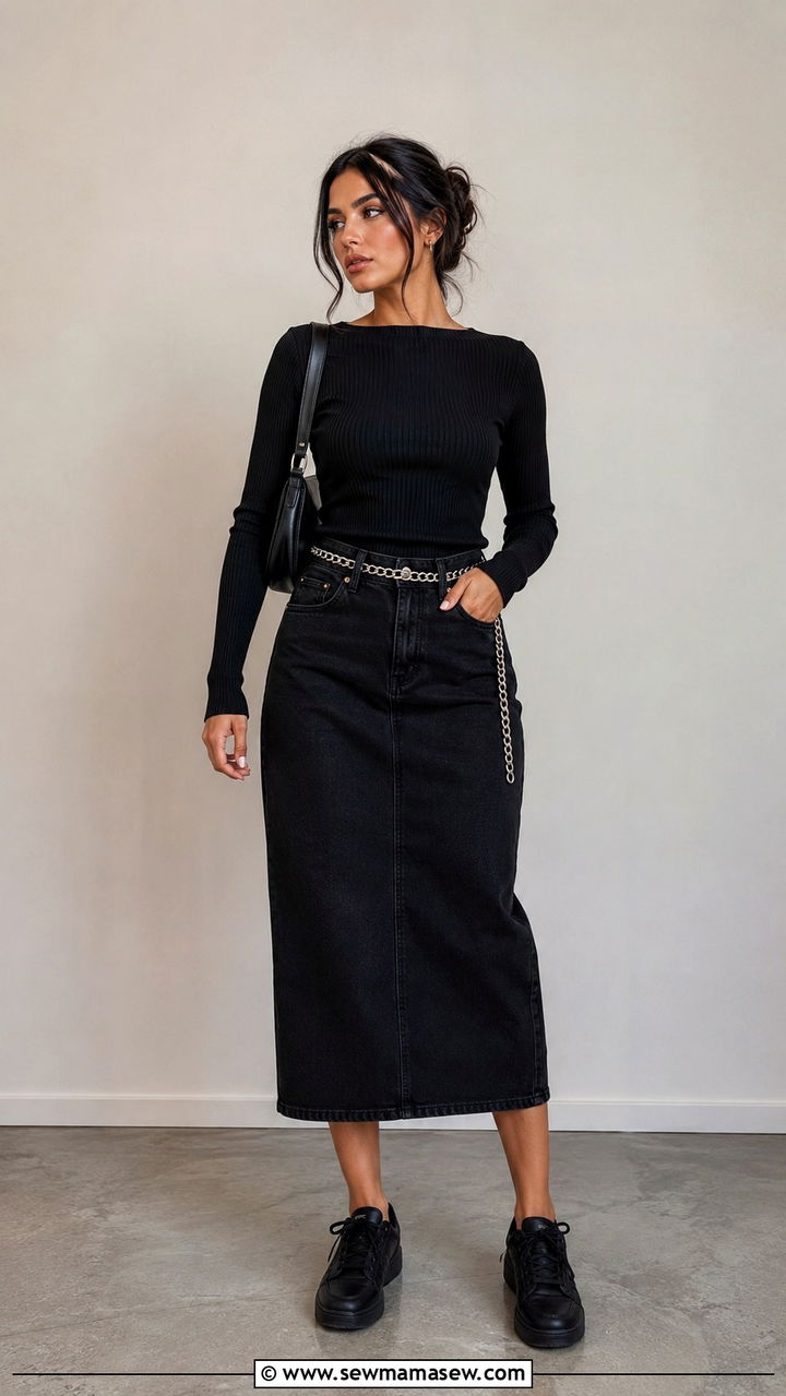 Black Denim Skirt All Black Outfit With Sneakers - 30 Denim skirt outfit ideas with sneakers