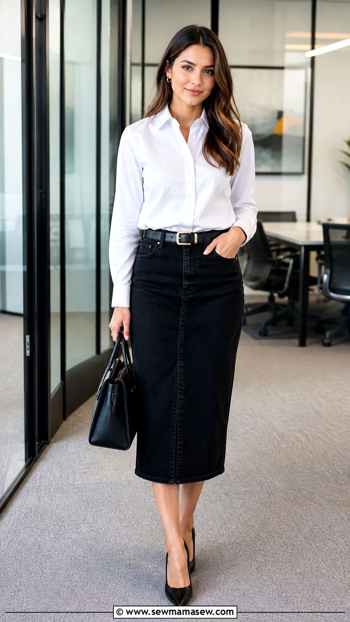 Black Denim Skirt with White Blouse and Pointed Pumps - 40 denim skirt outfit ideas
