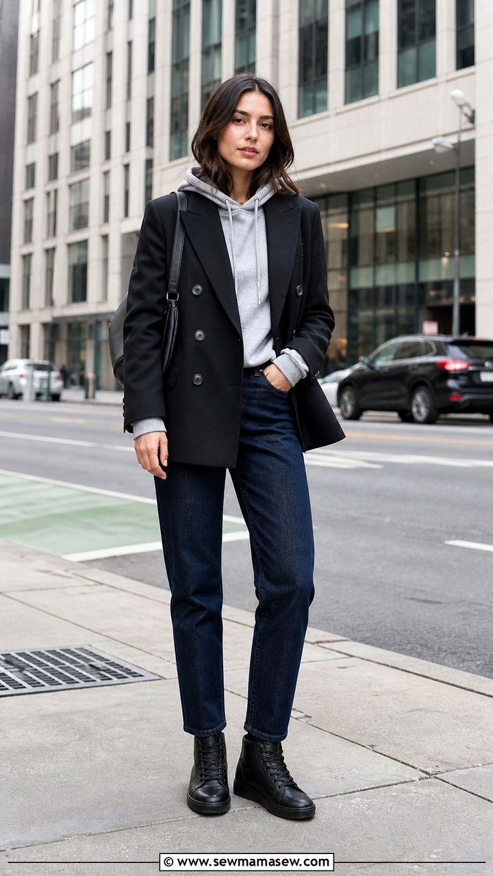 Black Double Breasted Blazer With Grey Hoodie And Dark Jeans - 40 casual blazer outfits