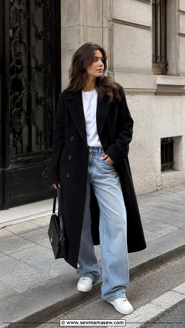 Black Double Breasted Coat with Baggy Jeans and White Sneakers - 30 Double breasted coat outfit ideas