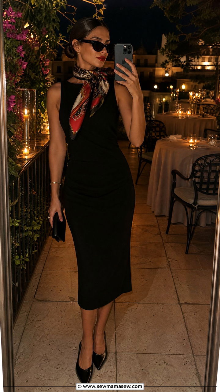 Black Dress Italy Outfit with Silk Scarf - 30 Italy outfits ideas