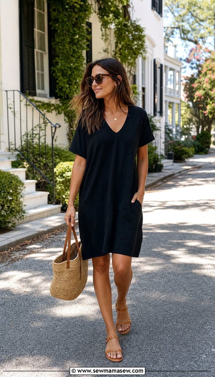 Black Dress With Woven Tote and Flat Sandals - 35 Black dress outfit ideas summer 2026