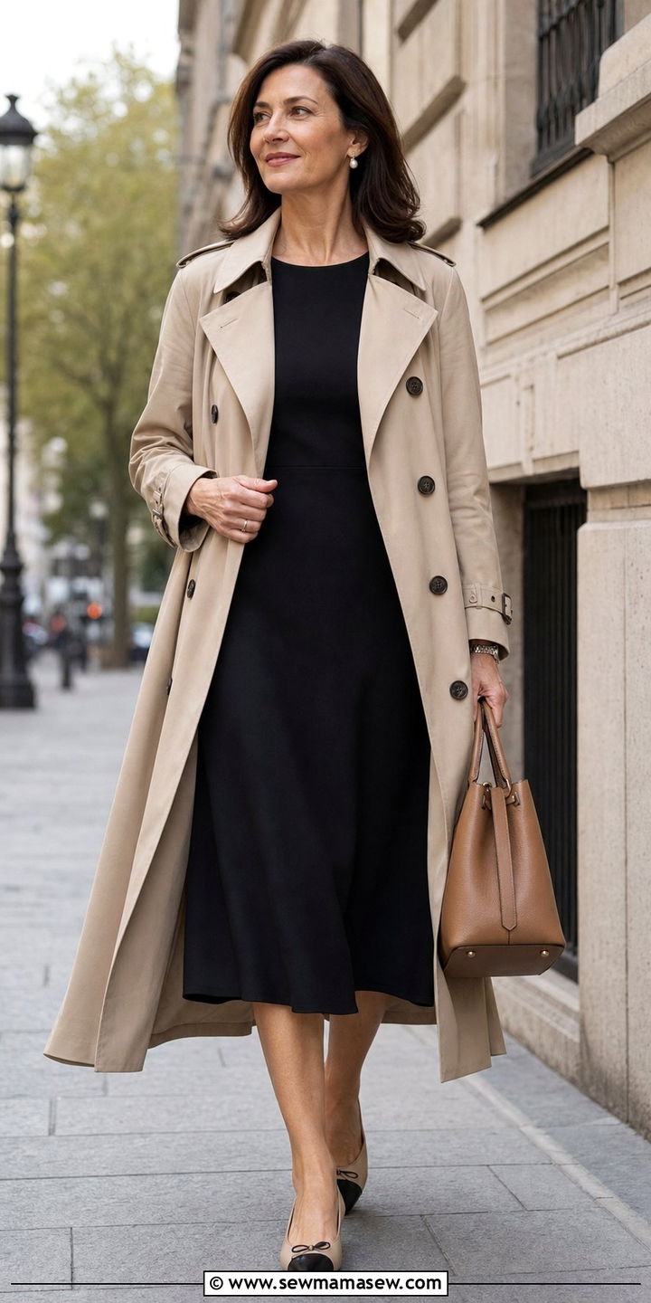 Black Dress with Trench Coat - 35 Brunch outfits for women over 40