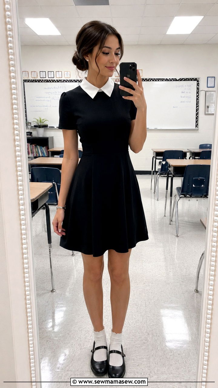 Black Dress with White Collar and Mary Janes - 30 teacher outfits 2026
