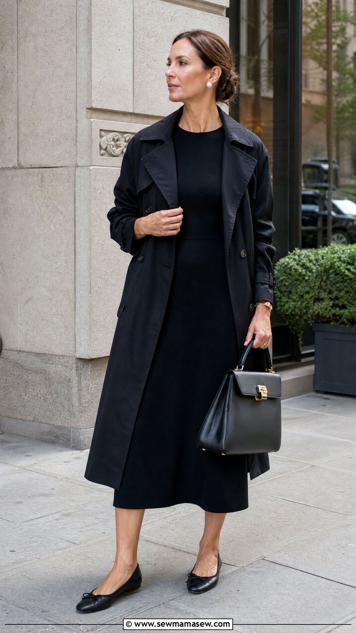 Black Dress with a Trench Coat and Ballet Flats - 30 everyday outfit ideas for women over 40