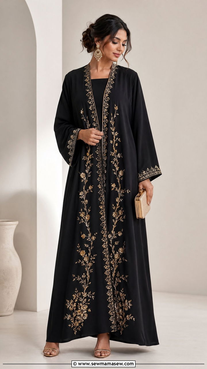 Black Embroidered Abaya with Gold Statement Jewelry - 35 Eid outfit ideas for moms