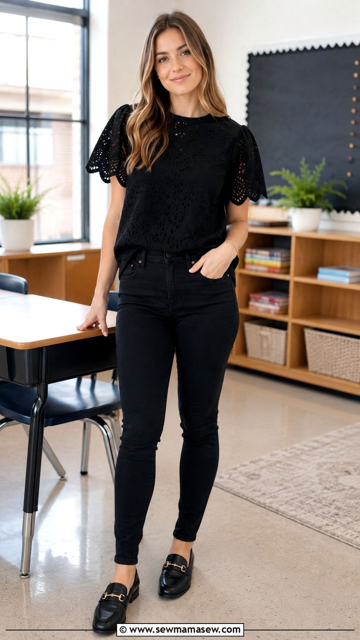 Black Eyelet Lace Top and Skinny Jeans - 30 cute teacher outfits