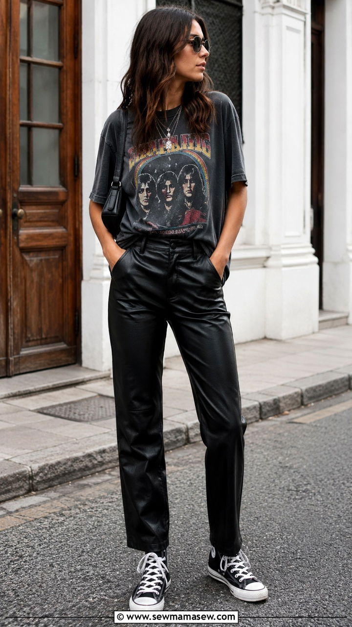 Black Faux Leather Pants With Vintage Band Tee And High Tops - 30 casual edgy outfits