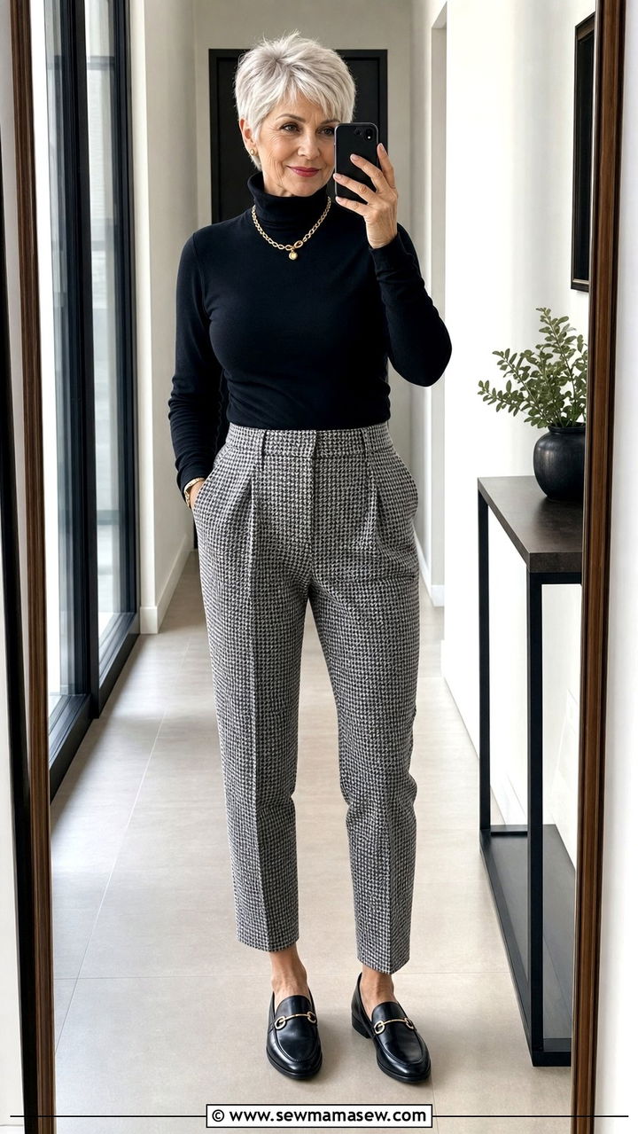 Black Fine Gauge Turtleneck With Houndstooth Trousers and Loafers - 35 Business casual outfits for women over 60